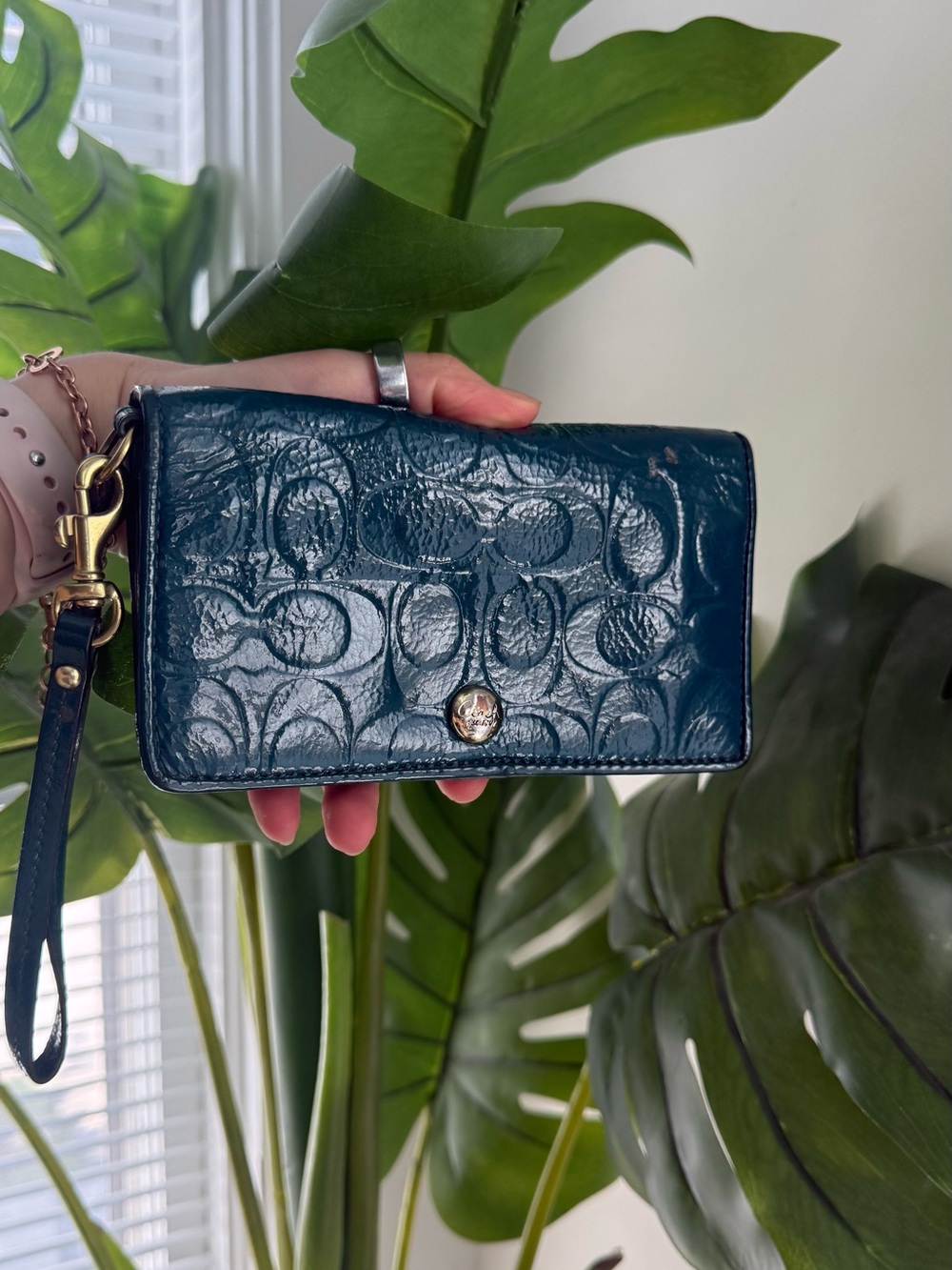 Coach Patent Leather Signature Wristlet Wallet in Deep Teal